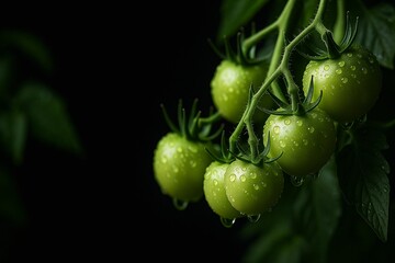 Poster - bunch of green tomatoes hanging from vine, covered in dew drops.