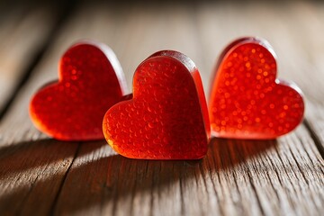 Poster - Three red heart-shaped candies on wooden surface.