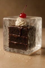 Poster - slice of chocolate cake in clear cube container, topped with whipped cream and cherry.