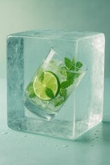 Poster - cocktail in glass filled with ice cubes, garnished with mint leaves and lime slices, placed inside ice cube tray.