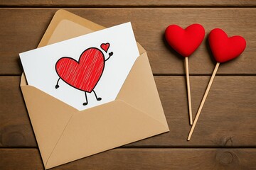 Poster - card with two hearts drawn on it is placed in front of two red heart-shaped lollipops.