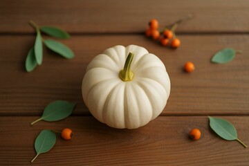 Poster - whole pumpkin on wooden surface with autumn leaves and berries around it.