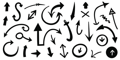 Collection hand drawn arrows. Set simple arrows isolated on white background. Arrow mark icons. 