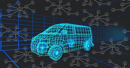 Poster - Blue grid forming, cyan wireframe van appearing then nodes drifting around van to visualize network