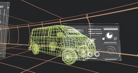 Fototapete - Once wireframe van outline finishing panels emerging, sliding and forming dashboard for analysis