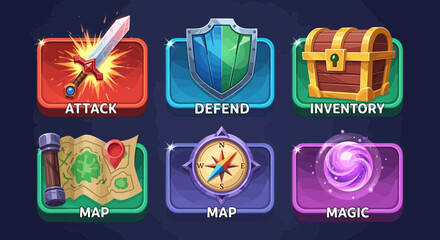 Game ui elements attack defend inventory map magic icons for rpg games and mobile app user interface design