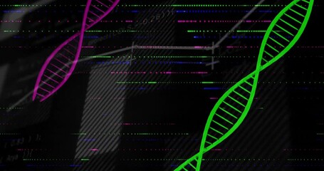 Poster - Glitch signal starting canvas, DNA helix icons appearing while chart line rising showing data trend