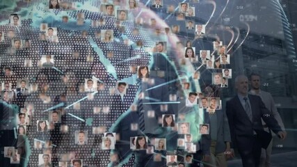 Poster - Business team walking under rotating globe initiating headshot network lines showing global reach