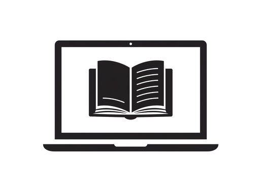 Black and white graphic of an open book displayed on a laptop screen on a white background
