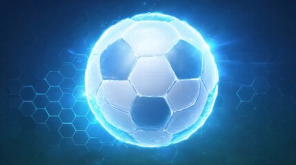 Poster - An illustration featuring a glowing soccer ball against a blue background with a hexagonal grid pattern.