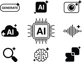 Fototapete - Collection of ai related icons including a chip brain camera and sound wave