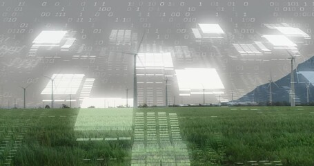 Poster - Sequence starting digital overlays on wind turbines standing on field visualizing energy data