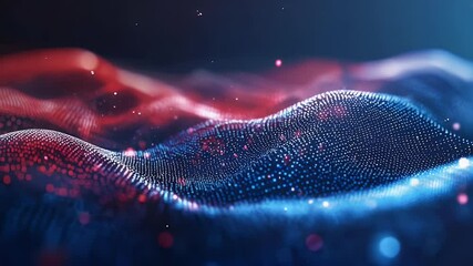 Leinwandbilder - Abstract digital wave particle flowing with red and blue colors and depth of field in dark background. Concept of futuristic technology science and network.