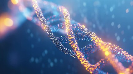 Poster - Abstract illustration of a DNA double helix glowing with golden and blue particles against a blurred background symbolizing science and genetic research.