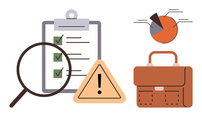 Poster - Magnifying glass on checklist, warning sign, pie chart, and briefcase. Ideal for business strategy, compliance, audit, safety planning analysis organization. Simple flat metaphor