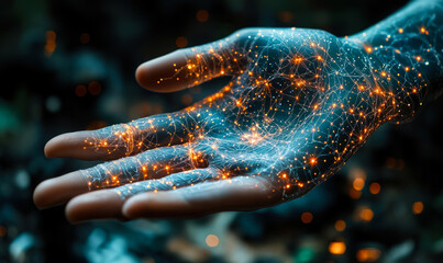 Poster - Human hand with glowing digital network connections and data points illustrating futuristic technology and artificial intelligence integration concept in dark environment