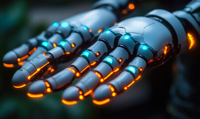 Poster - Close up of futuristic robotic hands with illuminated blue and orange lights showcasing advanced technology and artificial intelligence in human-like design