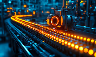Aufkleber - Close up of automated factory conveyor system with glowing orange lights and robotic machinery in industrial production line environment showing technology automation and precision engineering