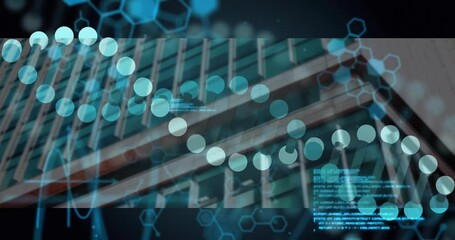 Poster - Lifting tilt starting hexagon and code merging into helix animating across facade showing data