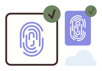 Poster - Fingerprint icon with verification checkmarks and cloud element represents identity verification, security, and access control. Ideal for technology, cybersecurity, authentication, data protection