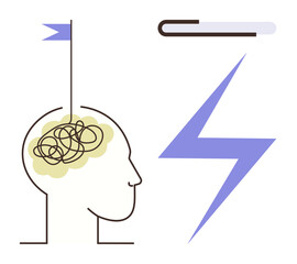 Poster - Human head outline with tangled brain, lightning bolt for breakthrough, and a progress bar. Ideal for creativity, innovation, learning, mindfulness, problem-solving, progress and mental health
