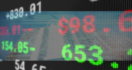 Poster - Opening with ticker overlaying transparent skyscraper, values updating and showing market trends
