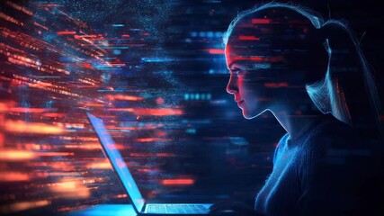 Woman using laptop, futuristic digital data streams