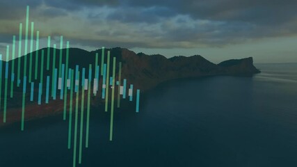 Poster - After aerial view waveform bars fading in over rocky coastline rising, extending syncing with music