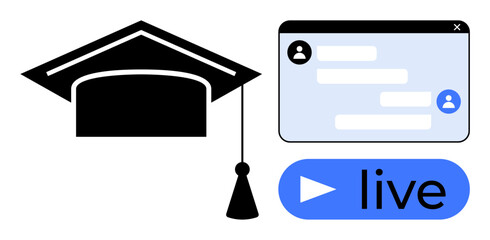Aufkleber - graduation cap, live streaming button, and chat interface suggest virtual learning. ideal for educat