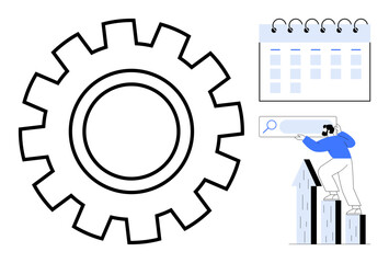 Poster - Large gear, calendar, person pointing to search bar on rising bars symbolizing development. Ideal for productivity, planning, growth, teamwork, search innovation strategy. Simple flat metaphor