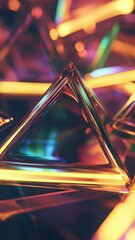 Poster - Geometric abstract design with metallic triangle prism focus bathed in vibrant neon light reflections creating a dynamic colorful background
