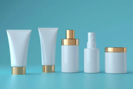 Elegant Shampoo Packaging Display. Premium Cosmetic Mock-Up Set with White and Gold Bottles on a Soft Blue Background