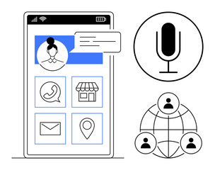 Poster - Smartphone with user avatar, chat bubbles, icons for communication and location, microphone for voice command, and global network symbol. Ideal for technology, communication, connectivity