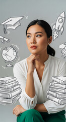 Poster - Asian woman in white blouse, green pants, thoughtfully looking up, surrounded by sketched books, globe, rocket, graduation cap, symbolizing education, ambition, global perspective