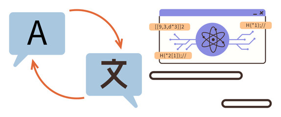 Poster - Two speech bubbles connected by arrows and a coding interface symbolize translation, communication, globalization, technology, AI, cross-cultural exchange, and educational tools. Ideal for a simple