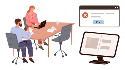 Poster - Office staff reviewing documents around a table with a laptop, highlighted system error pop-up, and desktop screen. Ideal for workplace problem-solving, technology, team collaboration, system issues