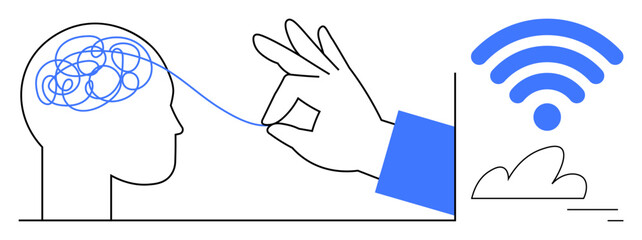 Poster - Hand untangling brain patterns, turning ideas into clarity, with wireless signal above cloud. Ideal for creativity, problem-solving, innovation, communication, connectivity, technology simple