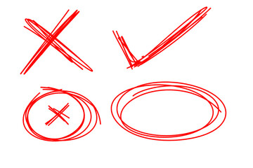Poster - Red handdrawn check mark, cross, circle, and oval isolated on transparent background