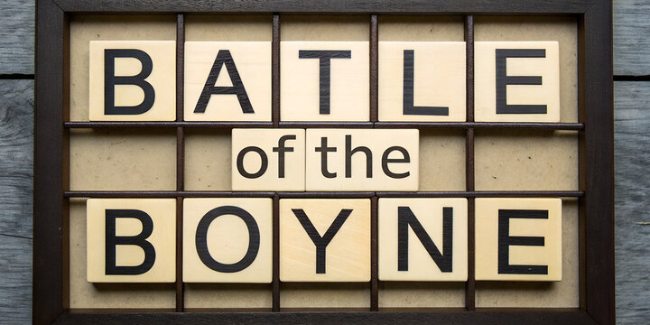 Battle of the Boyne Spelled in Wooden Scrabble Tiles – Educational Minimalist Illustration on Dark Background
