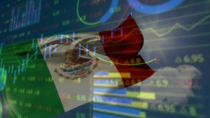 Poster - Mexican flag appearing, rippling candlesticks fading, line graphs sweeping and visualizing trends