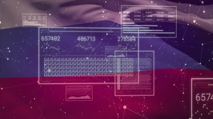Poster - Grid appearing panels floating updating counters and sliding charts visualizing data over backdrop