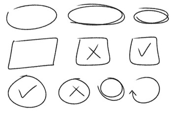 Poster - Hand drawn shapes and symbols including circles, squares, check marks, and arrows isolated on transparent background