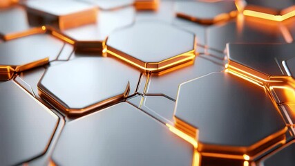 Poster - Abstract geometric pattern with glowing orange edges creating a futuristic and technological atmosphere. Reflective surfaces and a shallow depth of field enhance the design.