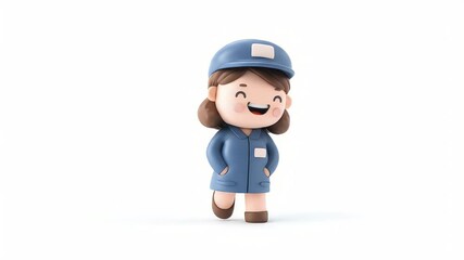 Poster - Animated Cartoon Girl Walking Happily in Blue Uniform on White Background