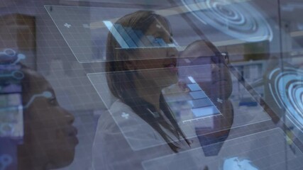 Poster - Researchers tapping hologram showing charts, pulsing rings, finalizing 3D model for lab research