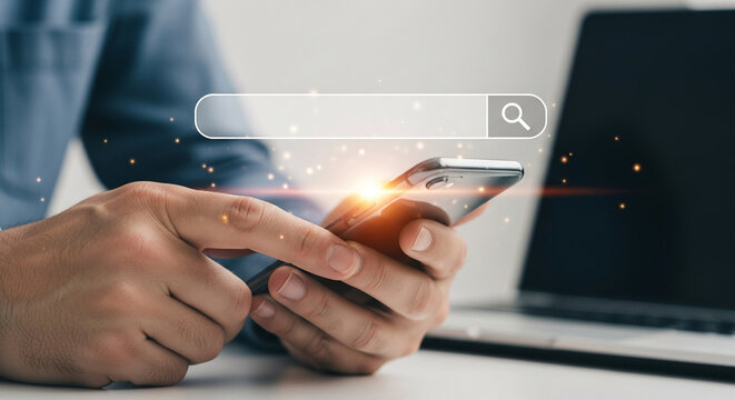 Close-up of hands holding smartphone with a search bar interface overlay, showcasing online search and digital technology, representing modern communication and information access
