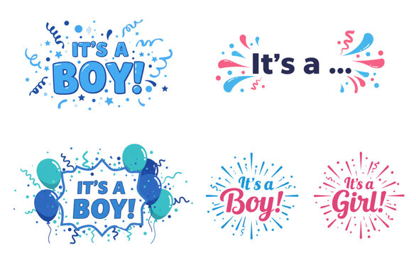 Cute celebratory elements for newborn events, including 'It's a Boy' and 'It's a Girl' messages with balloons and confetti.