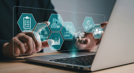 Poster - Hands interacting with a digital interface showing supply chain management icons on a laptop, symbolizing automation, efficiency, and global logistics in business operations