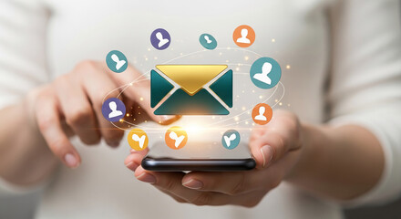 Poster - Hands hold smartphone, displaying a 3D email icon surrounded by profile icons, symbolizing digital communication and networking
