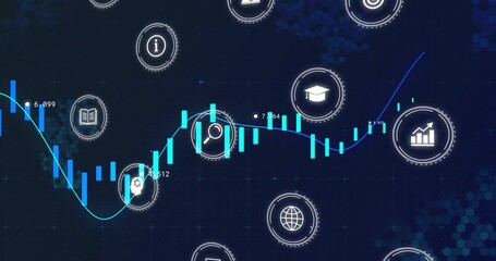 Poster - Blue line sweeping causing bars shifting with pulsing icons and labels demonstrating market shifts